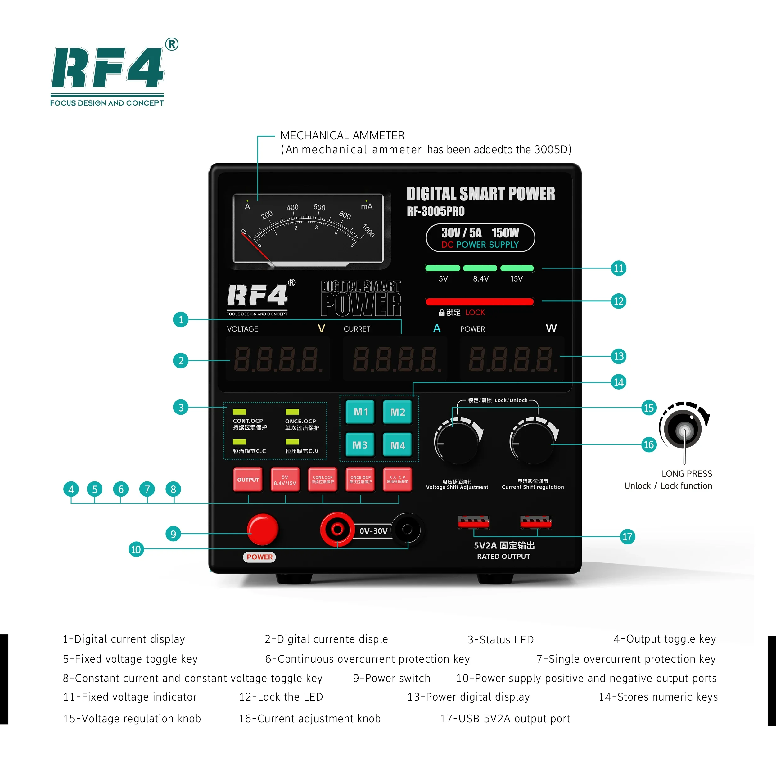 RF4 RF-3005D/RF-3005PRO 150W 30V 5A DC Regulated Digital Smart Multifunctional Power Supply Regulator Phone Sensing Automatic