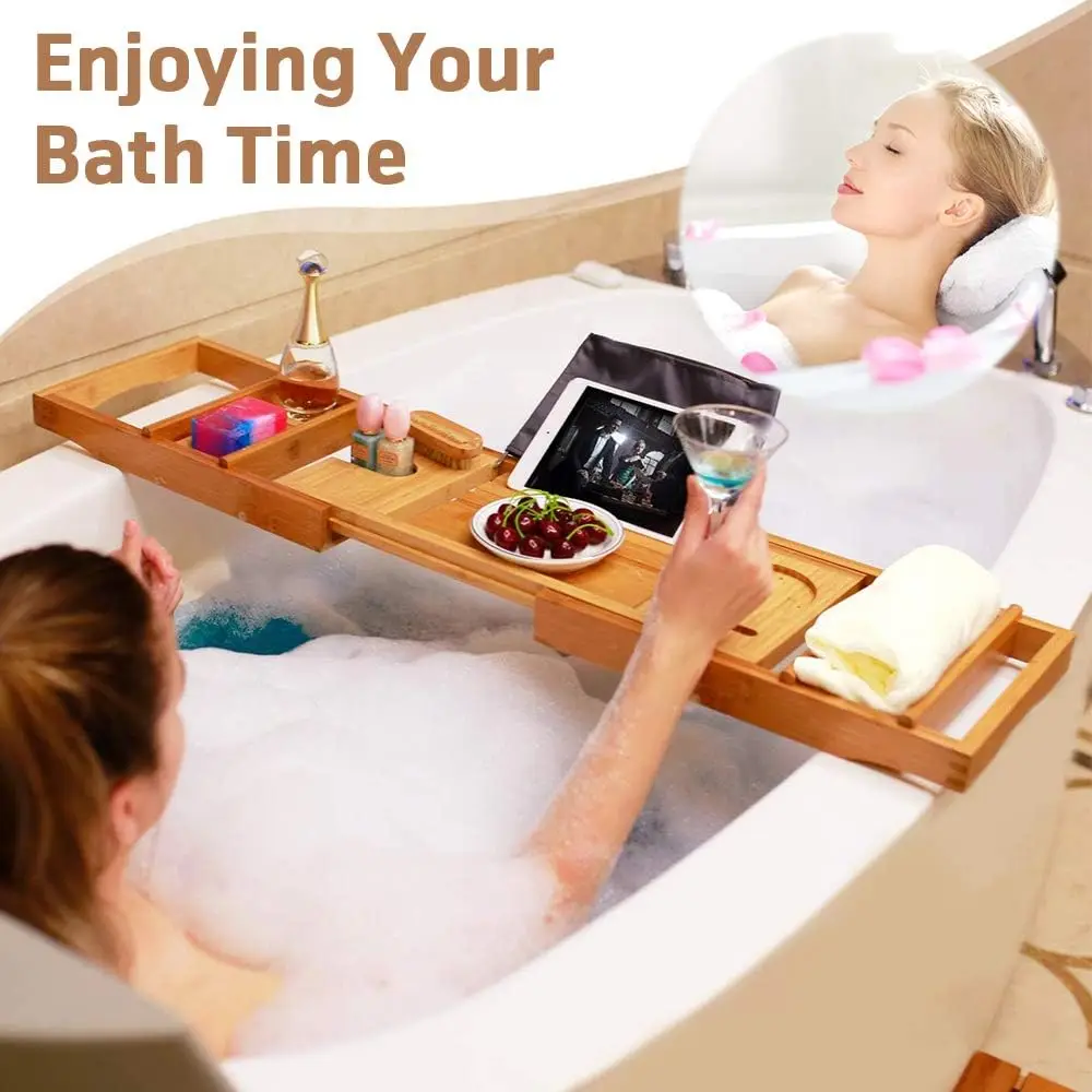 product expandable bathtub caddy tray with folding legs bath shelf for tub wine glass phone holder luxury spa bathroom organizer-1