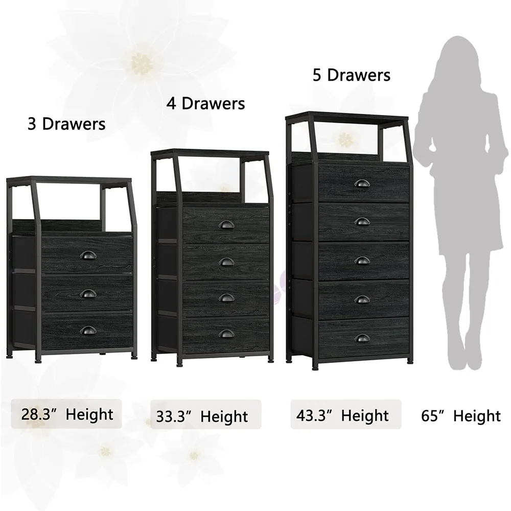 Black Bedside Table Nightstand with 3 Fabric Storage Drawers and 2-Tier Shelf manufacture