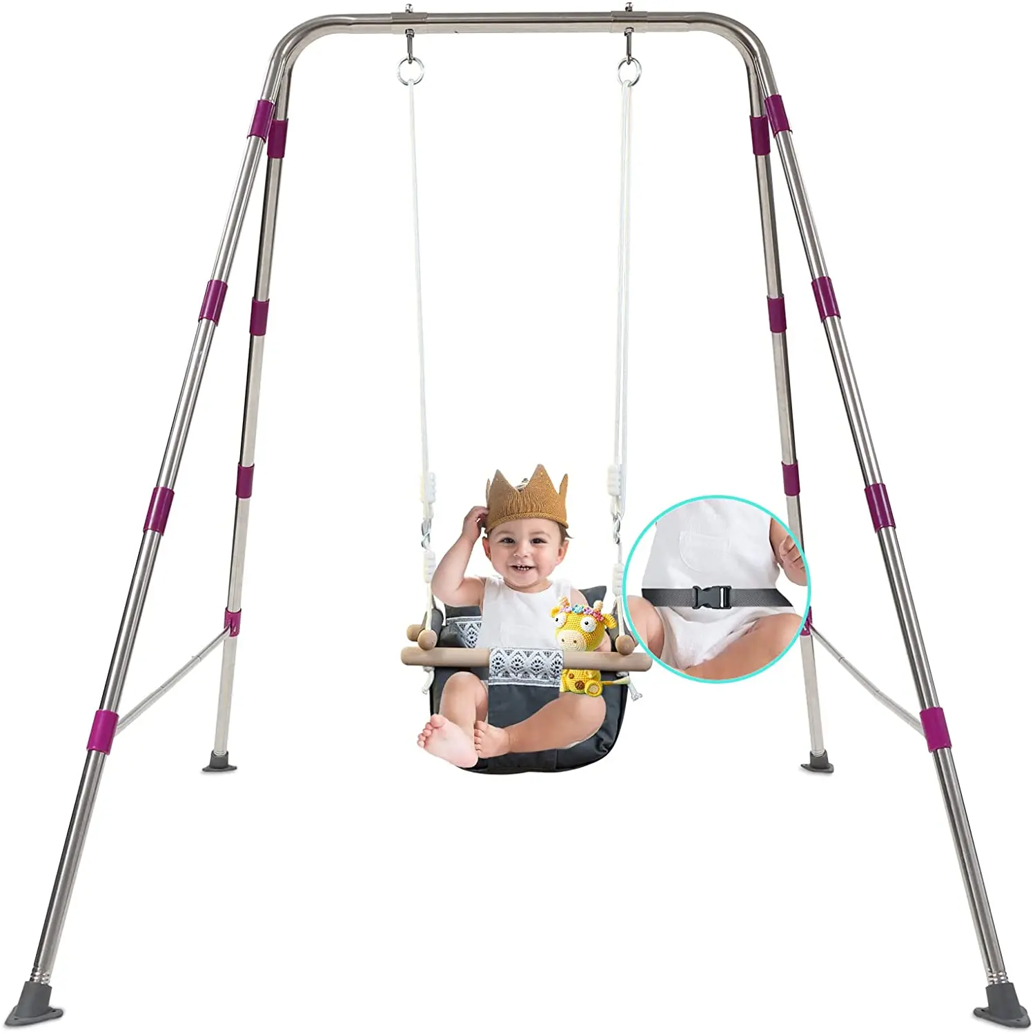 Baby Hammock Chair Birthday Gift. Wooden Hanging Swing Seat Chair for Baby with Safety Belt and mounting Hardware Grey Canvas Baby Swing by Cateam 