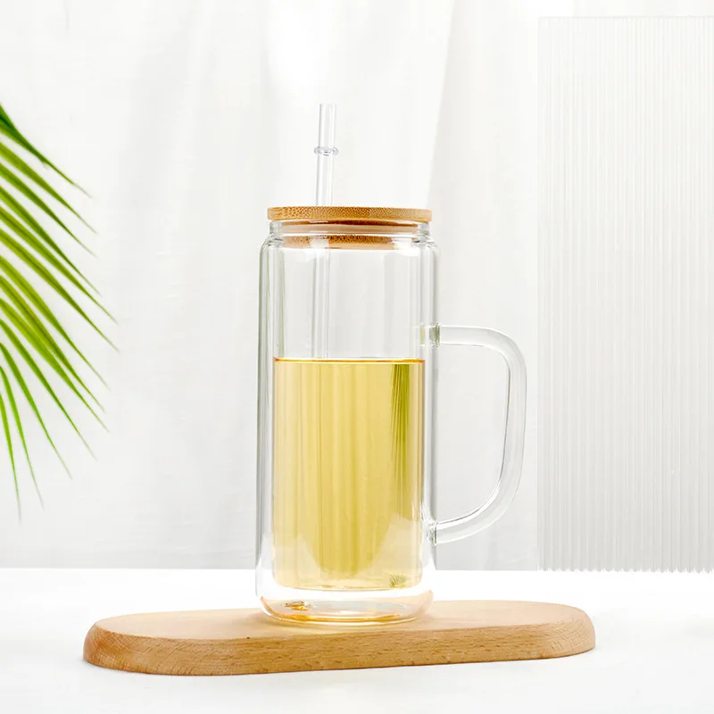 wholesale water Cup double thickened high borosilicate glass pitcher water cup bamboo lid straw handle outdoor