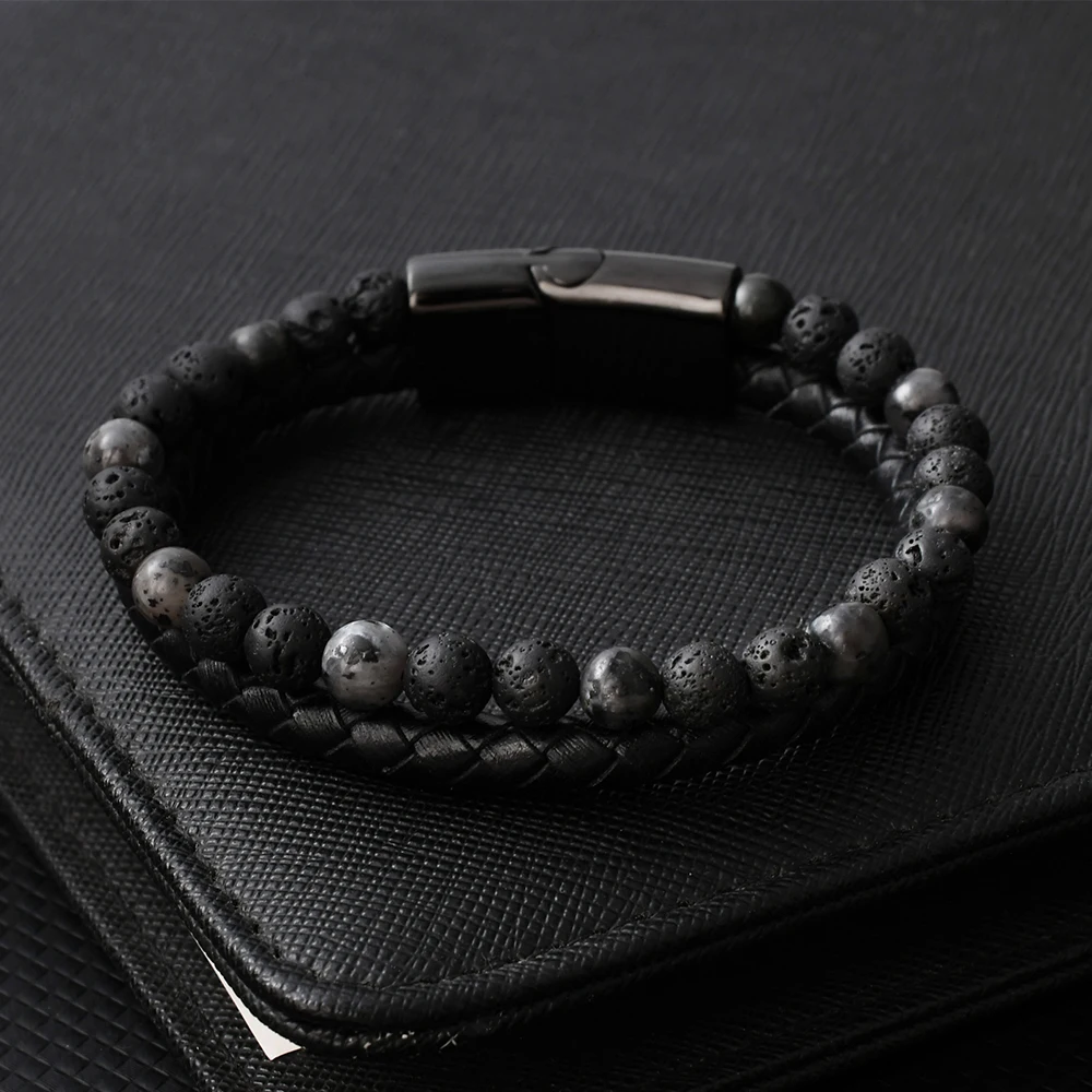 F254 Lava Stone Spectrolite Men Mens Beaded Bracelets  Manufacturers High Quality Bead Hand Logo Genuine Leather Bracelet