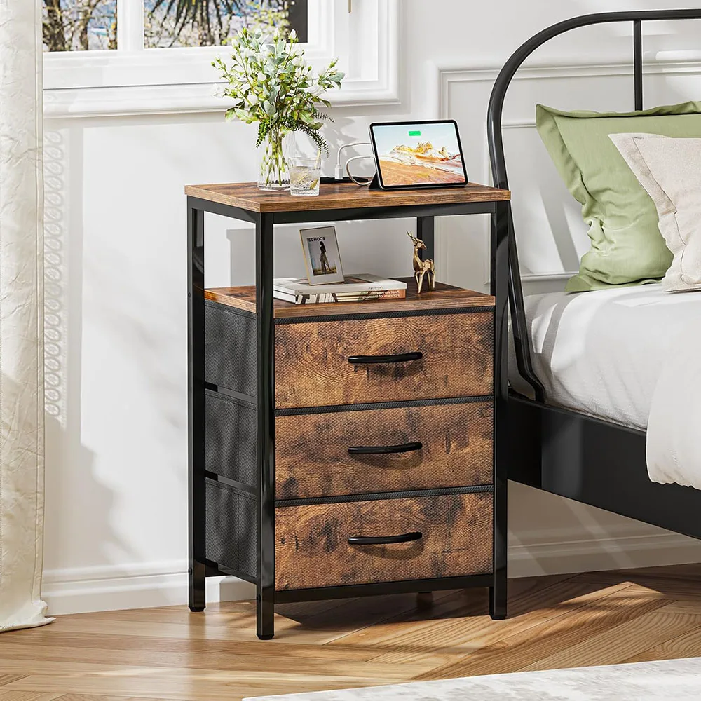 Modern Classic Nightstand Bedside Table with Fabric Drawers Charging Station End Table Side Table USB Ports Outlets Home Use manufacture