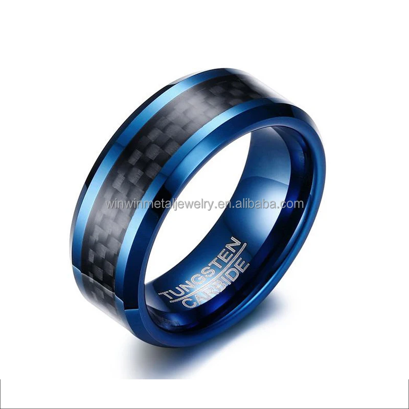 8mm Comfort Fit Tungsten Wedding Band Ring with Black Carbon Fiber Inlaid and Classic Gold Polished Finish
