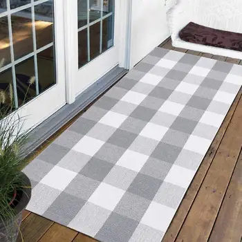 Buffalo Plaid Rugs 8'x10' Black and White Cotton Hand-Woven Checkered Area Rug Washable Outdoor Rug