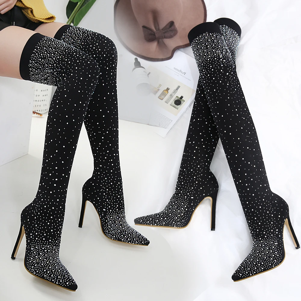 Women's Boots Fashion Track Crystal Stretch Fabric Socks Boots Pointed Toe Over The Knee Heel Thigh High Ladies Boots