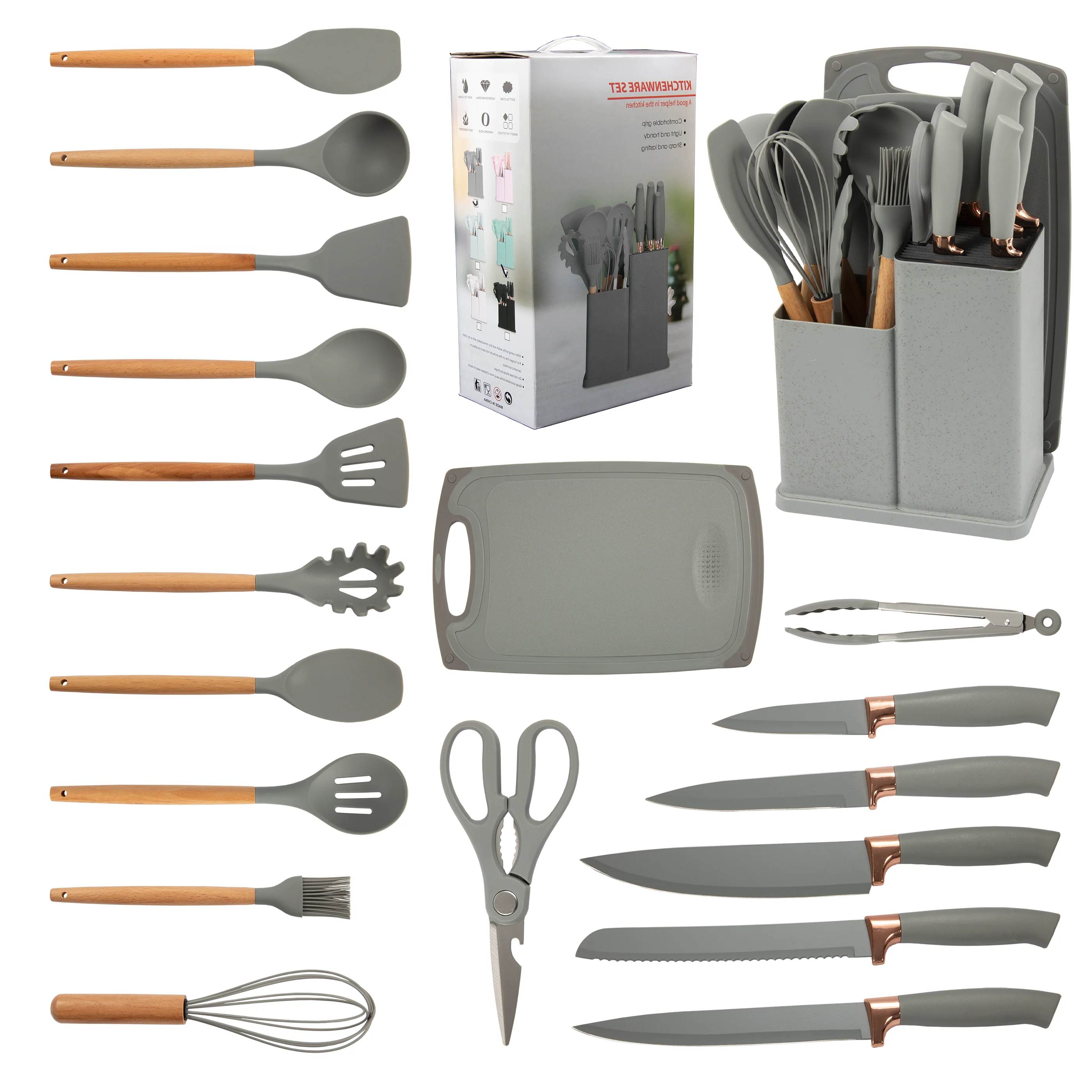 Dinnerware Sets 19 Piece Silicone Kitchen Utensil Set With Wooden Handle And Cuttings Board Storage Bucket Kitchen Gadget Set