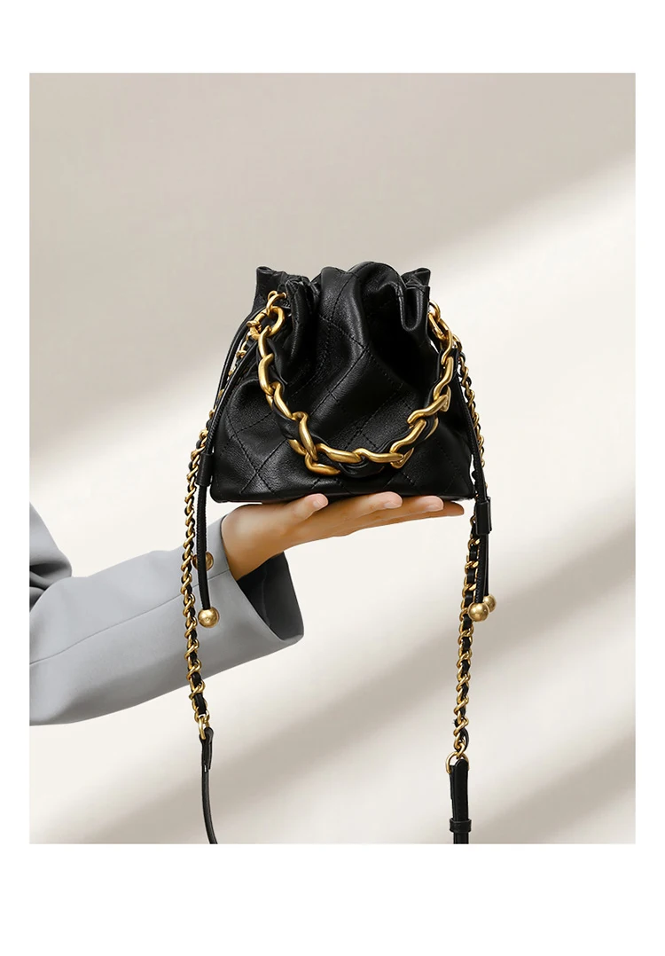 Stylish Genuine Leather Bucket Bag For Women Casual Drawstring Handbag