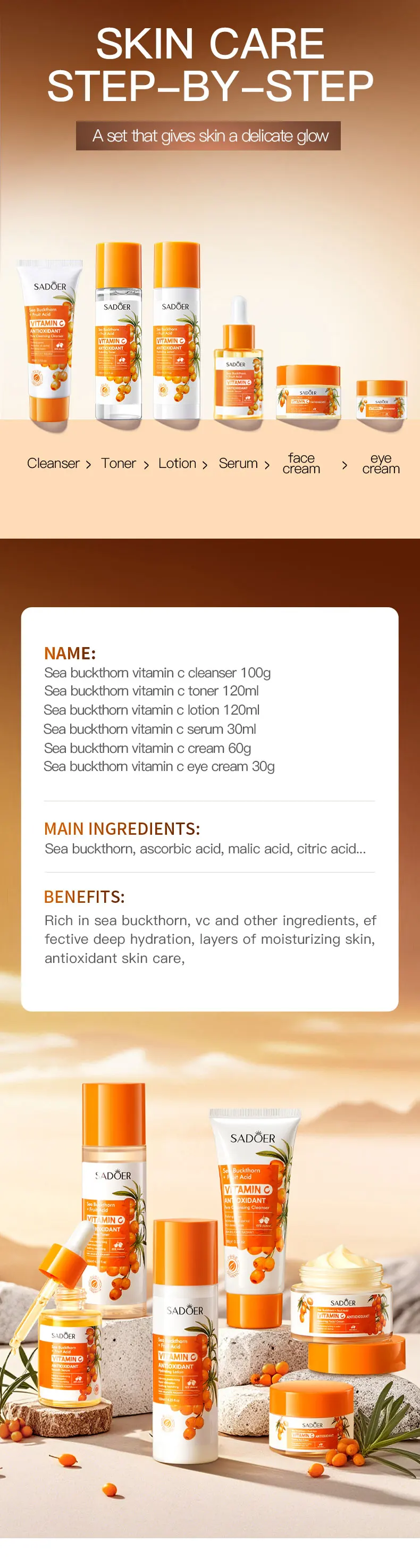 product private label sadoer organic sea buckthorn vitamin c antioxidant soothing six piece skincare gift set moisturizing whitening-8