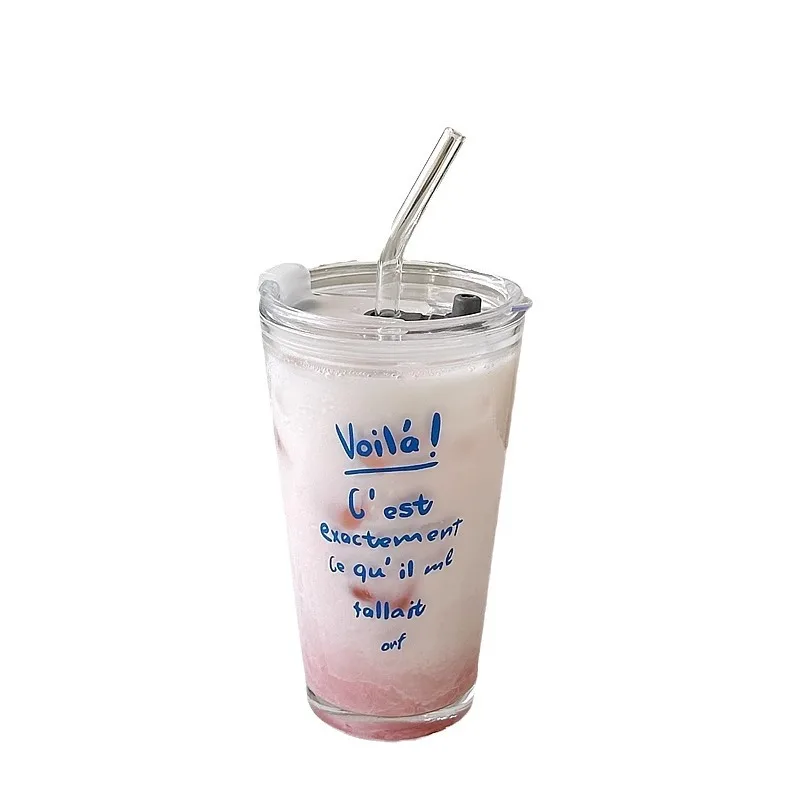 480ml juice coffee ice cold drinking glass cups with lid and glass straw OEM wholesales glass cup set