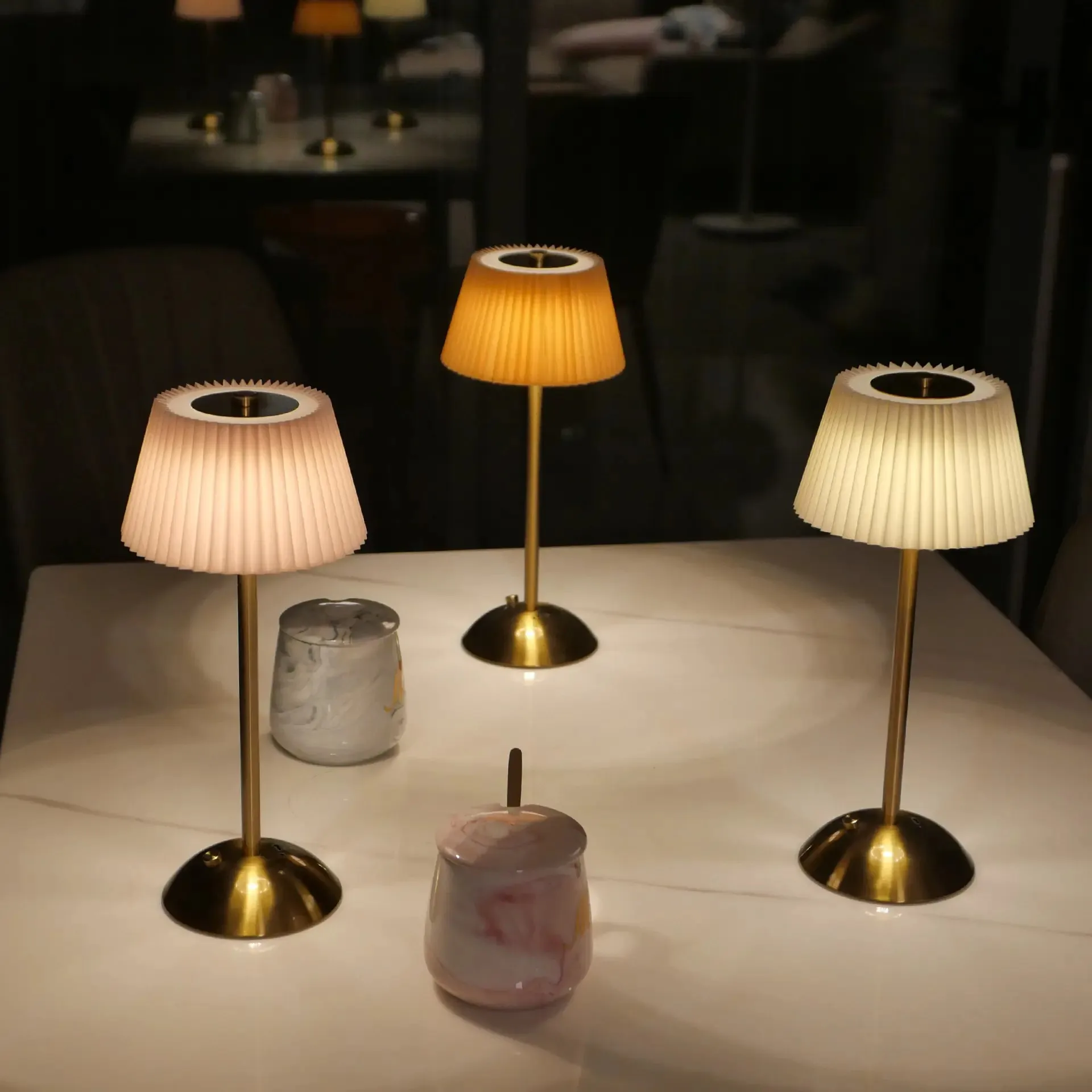 Modern Minimalist Rechargeable Touch Night Light Pleated Fabric Metal Bedside Atmosphere Lamp 5V Battery Cross-Border Table Lamp