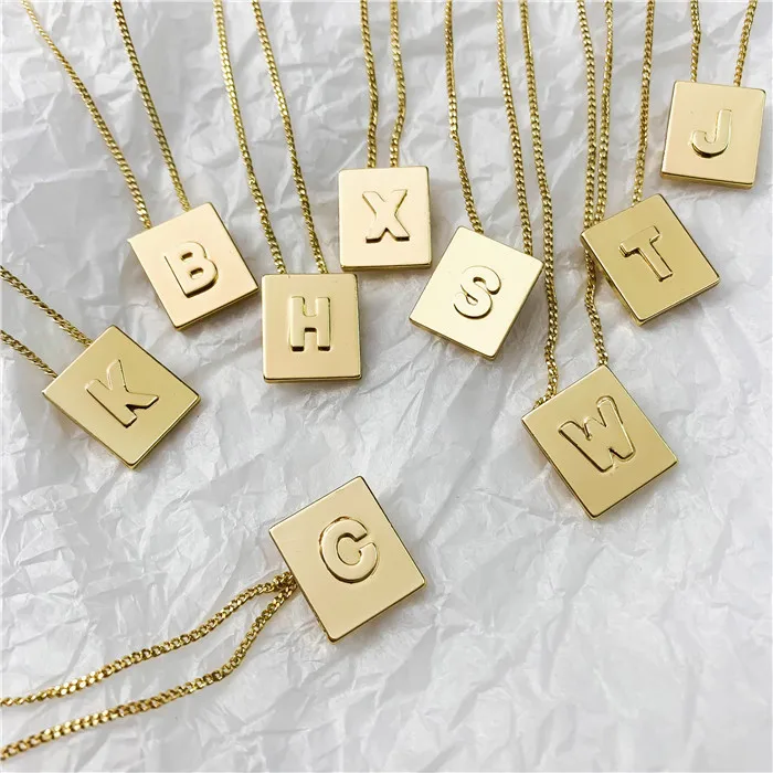 Square Emboss Letter Pendant Necklace 