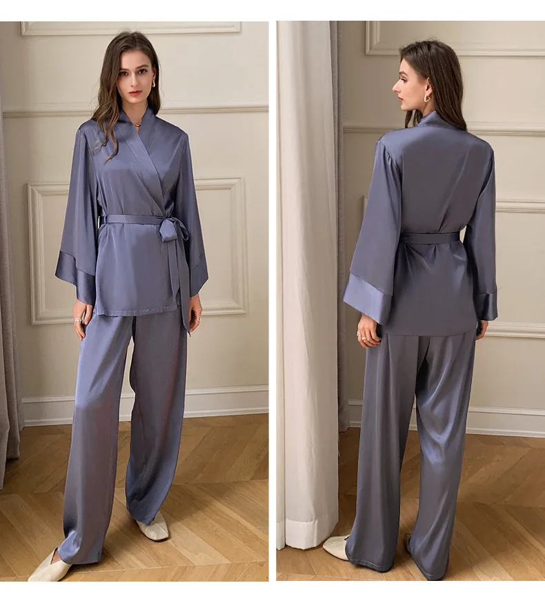 2023 Two-piece Pj Sets Long Sleeve Pajamas 2 Piece Set Turn-down Collar Custom Silk Satin Women Pajamas Set Sleepwear