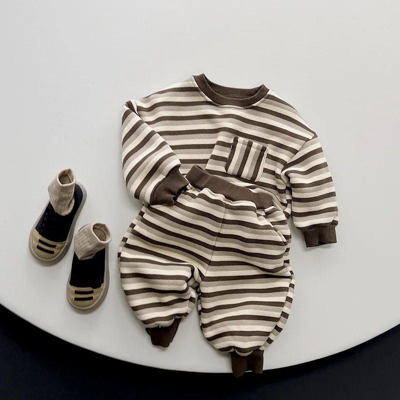 2023 spring new children's casual coat for boys and girls stripe hoodies thick warm coat