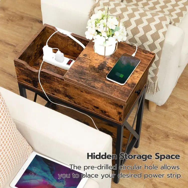 Wholesale Industrial Style Wooden Flip Top Side End Table with Storage Narrow Bedside Table Narrow Nightstand Accent Lamp Table