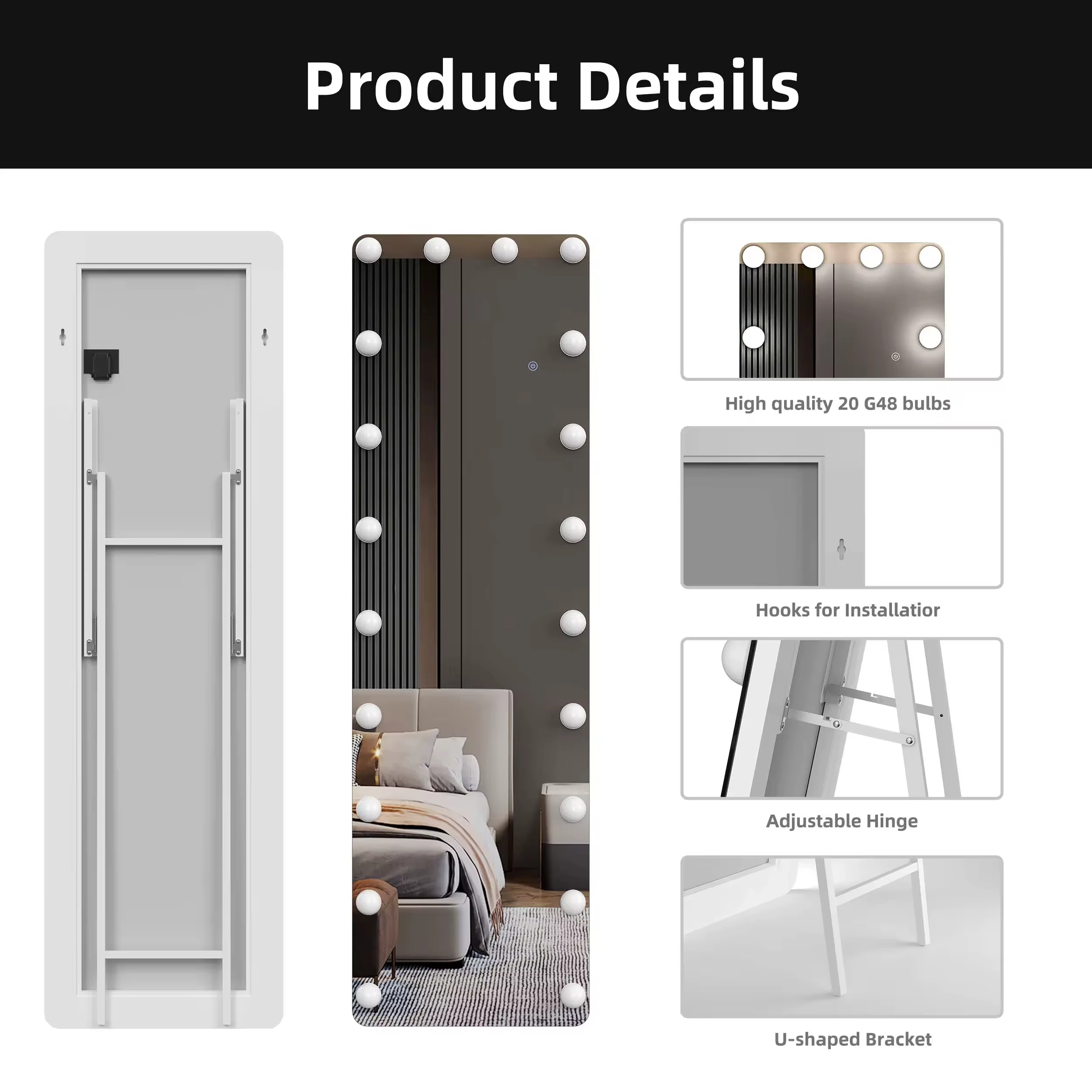 Modern Rectangle for Hollywood LED Lighted Salon Dressing Mirror Full Length with Adjustable Lighting for Makeup Use