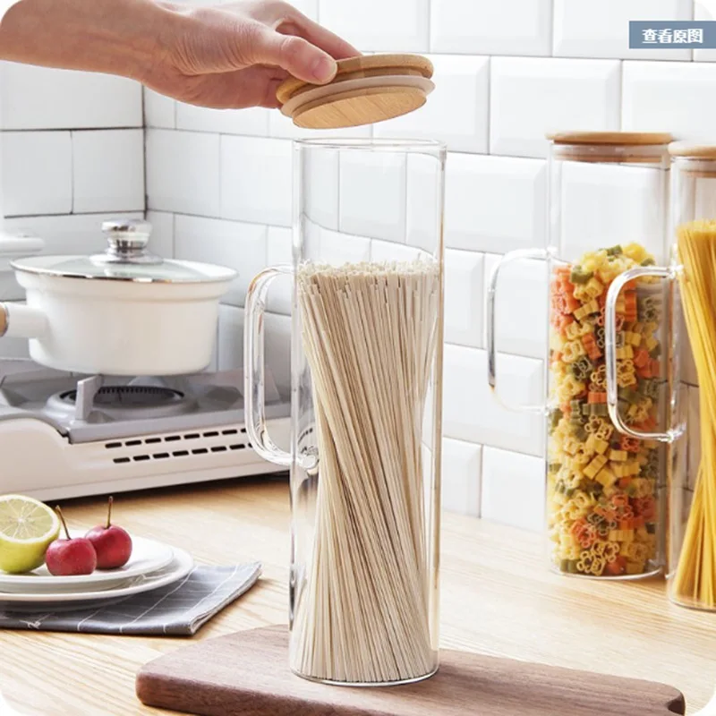 Kitchen storage glass jar with bamboo lid glass container with handle