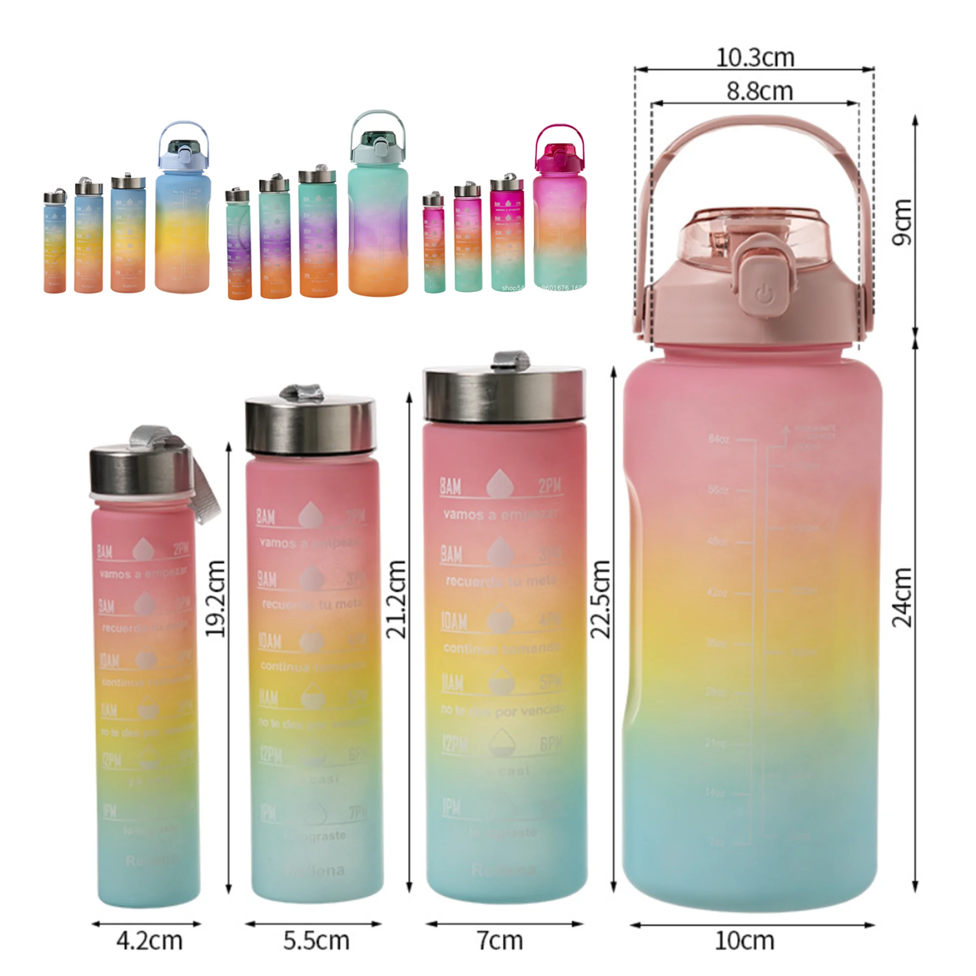 New style 2023 2L gradient color sets 4 in 1 sports bottle water with time marker gym bottle Bpa-free Agua embotellada