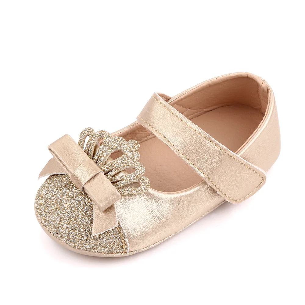 Shiny Solid Color Glitter Crown Bow Decorated Infants Princess Shoes for Baby Girls supplier
