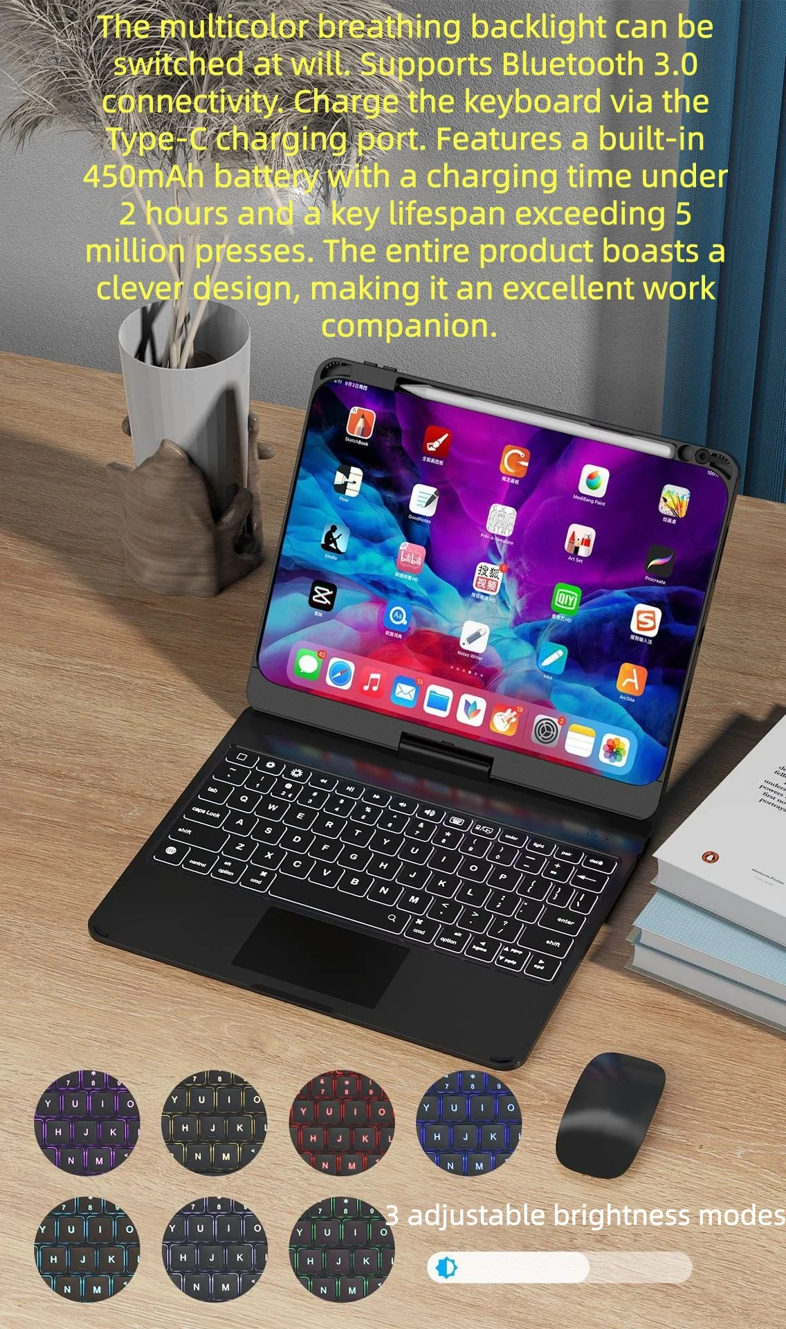 product magic keyboard case transparent rotating backlit detachable hidden pen slot bluetooth connectivity type c charging 11 laudtec-10