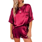 Sleepwear Hot Sale O-neck Shorts Pajamas Loose Nylon None Half Solid Women Silk Sleepwear Pajamas