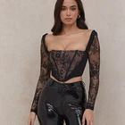 Black 2021 Spring Sexy Lace Hollow Out Black Thin Womens Tops Club Women Lace Corset Top