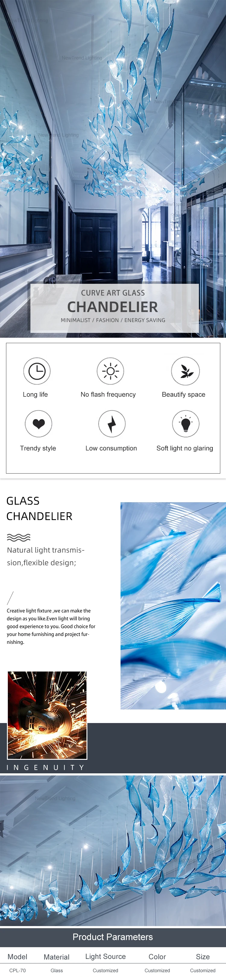 CPL-70 Luxury Style Residential Decoration Custom Large Project Modern Hotel Lobby LED Chandelier Lamp details
