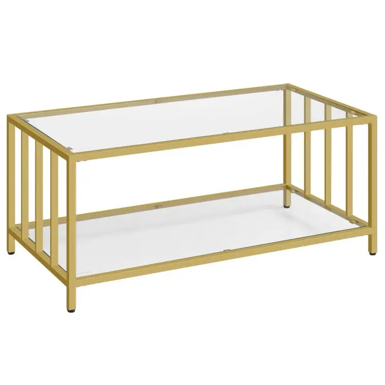 Custom Good Price Square 2-Tiers Glass Coffee Table with Golden Steel Frame Modern Simple Center Table With Open Storage Shelf