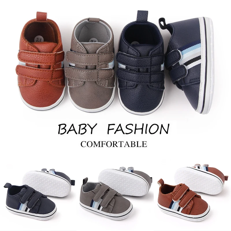 Spring and Autumn 0-1 Year Old Baby Boy Solid Color Striped Soft Soled Casual Toddler Shoes factory