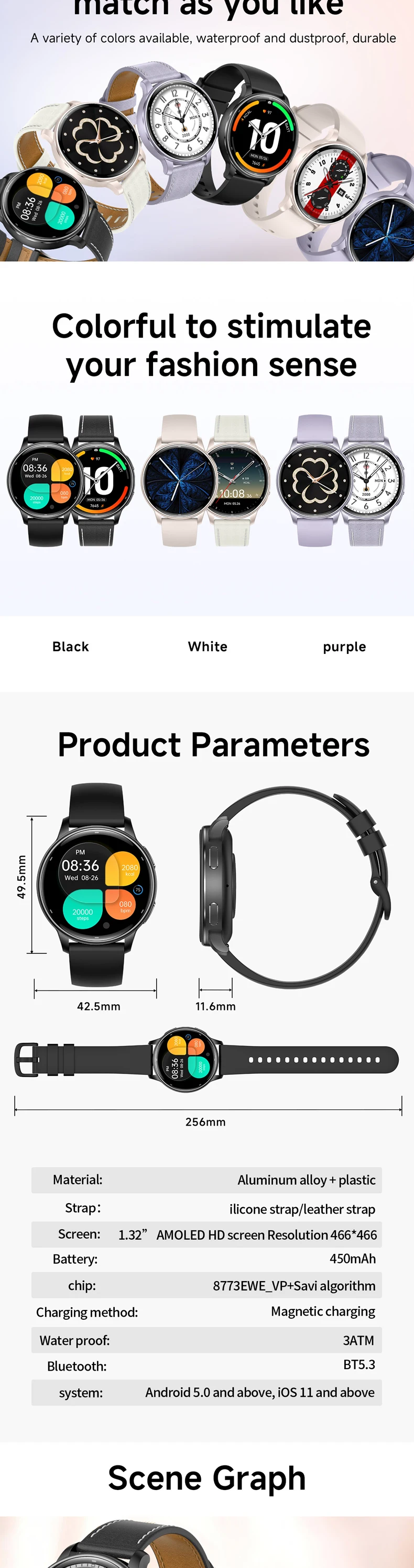 product km96 smart watch for women 132 amoled screen gps tracking 3atm waterproof 450mah battery dual straps fitness tracker-7