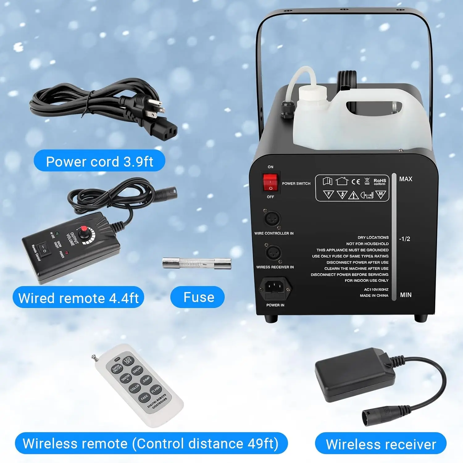 1500W High Output Remote Control Snow Maker Machine with RGB LED Light for Stage and Christmas Party