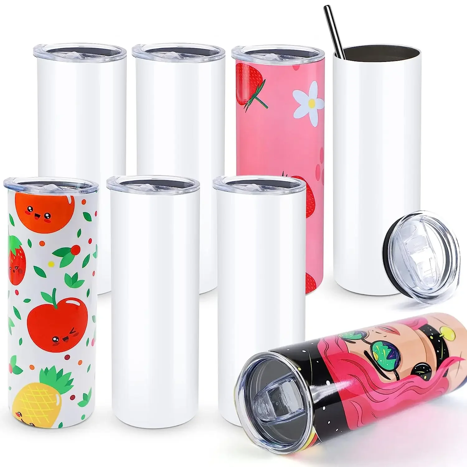 20 OZ Tumbler White Sublimation Blanks Stainless Steel Straight Insulated Tumblers with lid and straw