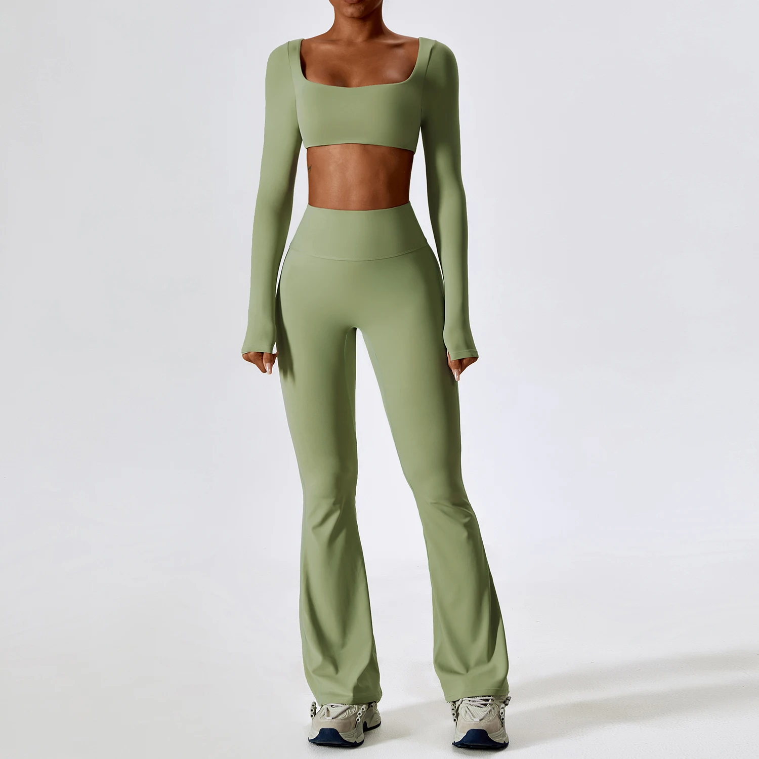 2023 Trendy Outdoor Gym Fitness Wear Women's Sexy Square Neck Long Sleeve Crop Flared Pants Gym Activewear Set