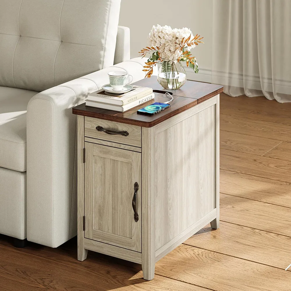 Modern Style Narrow Bedside Table with Charging Station Drawer Sofa Side Table for Bedroom & Living Room Feature Storage manufacture