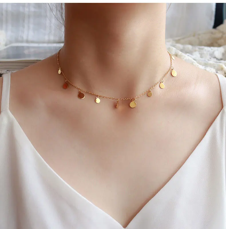 Thin Chain Coin Disc Tassel Necklace 
