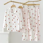 Cotton Strawberry Print Cotton Long Sleeve Womens 2pc Sets Pajama Set Fashion Women Sleepwear