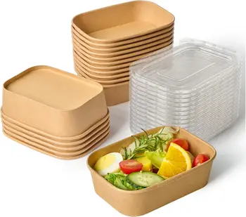 Customize Hot Sale 500ml 650ml 750ml 1000ml Disposable Salad Container Oil Proof Kraft Paper Rectangular Food Bowl With Lid