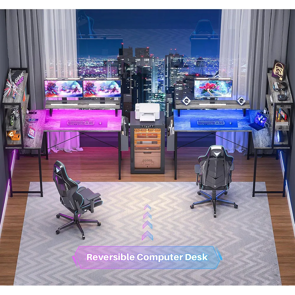 47-Inch L-Shaped Gaming Desk with Charging Station Portable Home Office Computer Table Black Oak Finish Includes Bookshelf supplier