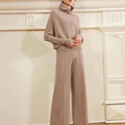Long Plain Knitted Turtleneck Loose Wool Cashmere Sweater Women's Cashmere Suit Long Pant 2 Piece Set Knit 2 Piece Set