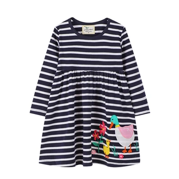 Kids Clothing Dress Striped with Cartoon Duck Girl Fashion Clothes Long Sleeve Spring Fall Dresses for 2-7 Yrs Baby Girs Apparel