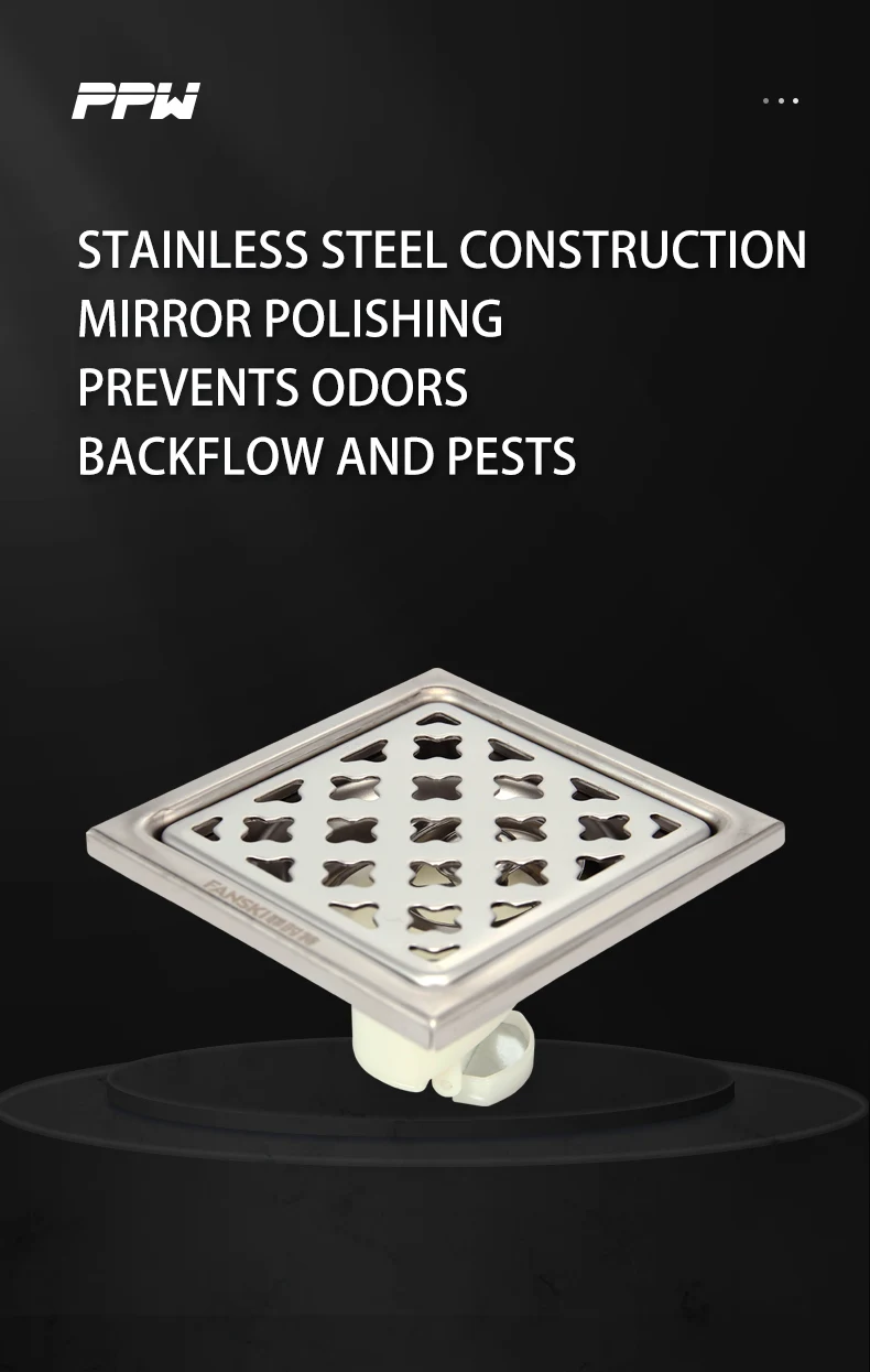 Modern Style Anti-Odor 4 Inch Stainless Steel Floor Traps Square Pattern for Bathroom Shower Drains Hotels Hospitals Toilets supplier
