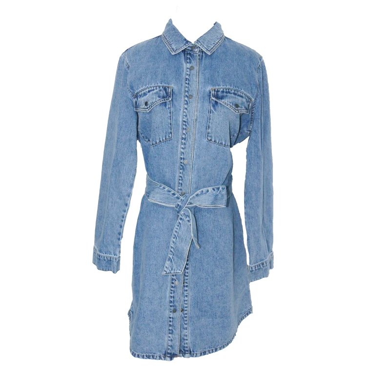Fashion Long Sleeve Belt Denim Shirt Dress Women Autumn Outwear Casual Jacket Women Trendy Clothing details