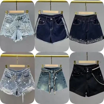 Women's denim shorts Straight leg raw hem denim shorts summer hot pants with pockets