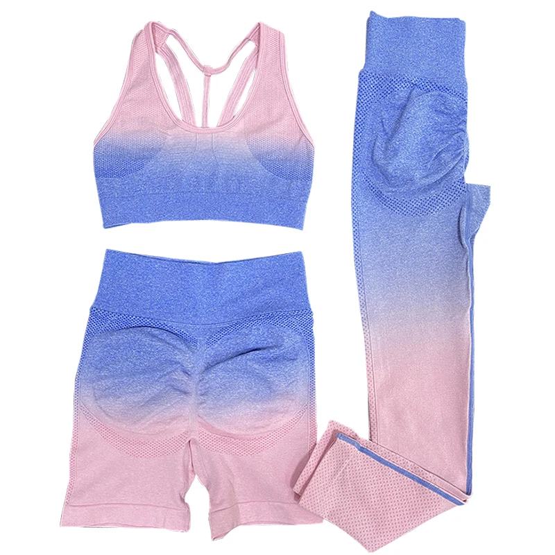 Fashion Gradient Seamless Yoga Set for Women 3 Piece Gradient Sportswear Outdoor Running Breathable Sports Yoga Set