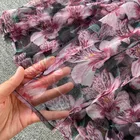 Vintage Pink Floral Long Puff Sleeve Self Bow Tie Double Layer Illusion Chiffon Maxi Dresses