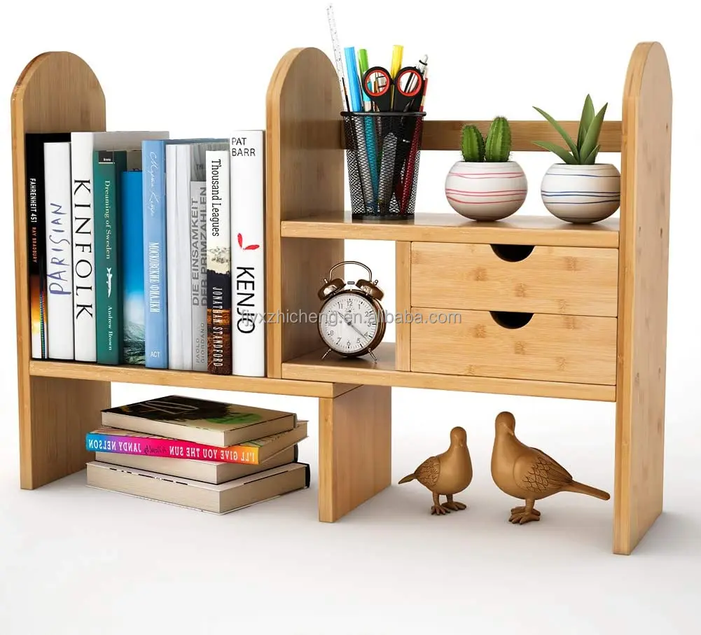 product office supplies bamboo desk organizer extendable wooden desktop bookshelf with 2 drawers-0