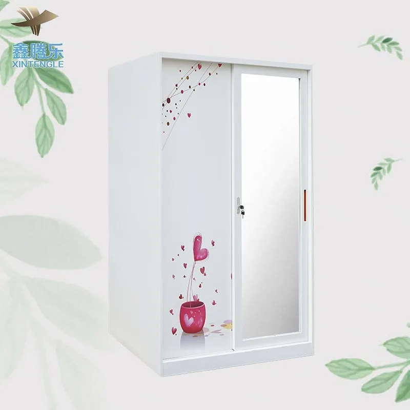 Flower Print Storage Cabinet Stainless Steel 2-Door Bedroom Furniture Sliding Metal Wardrobe with Lemari Besi