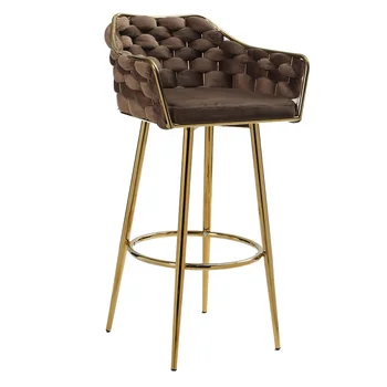 Modern Design Counter Height Brown Adjustable High Swivel Velvet Bar Chair Barstools Leisure Chairs with Golden Metal Legs