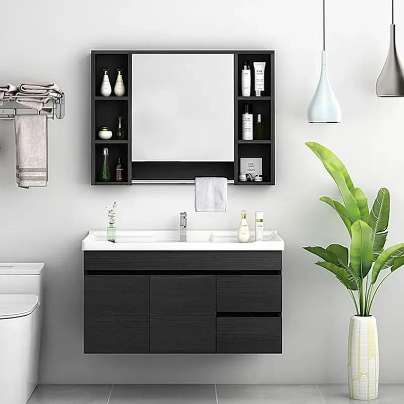 Washing Room Furniture aluminium handle Antique Style Classic Design Wooden Grain Color Bathroom Cabinet Vanities