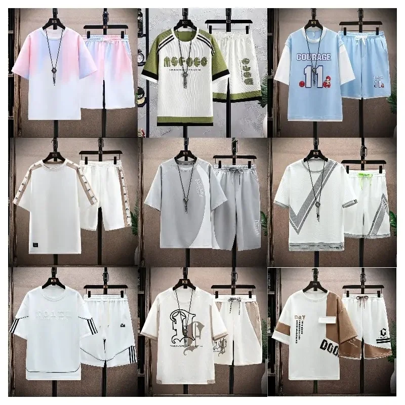 Breathable Casual T Shirt Running Set Harajuku Male Suit Men's 2pcs Set T-shirt + Shorts Set